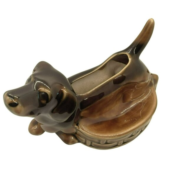 VTG Brown Ceramic Dachshund Planter Kitsch Figurine Dog Shaped Pot Mid-Century - Picture 1 of 9